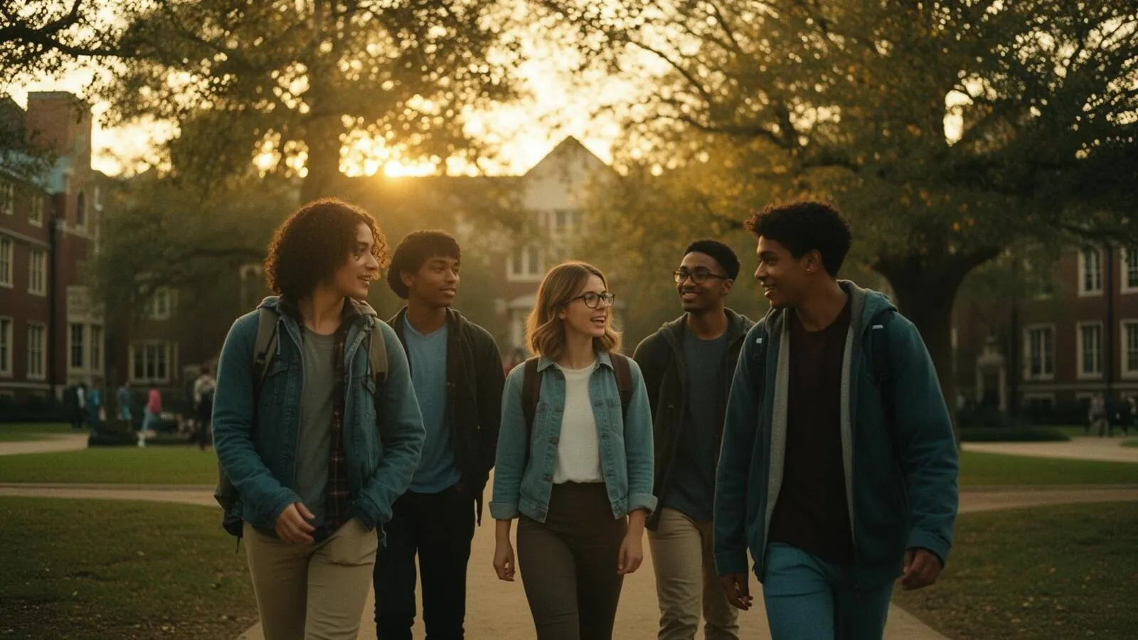 A diverse group of students laughing together at golden hour on campus