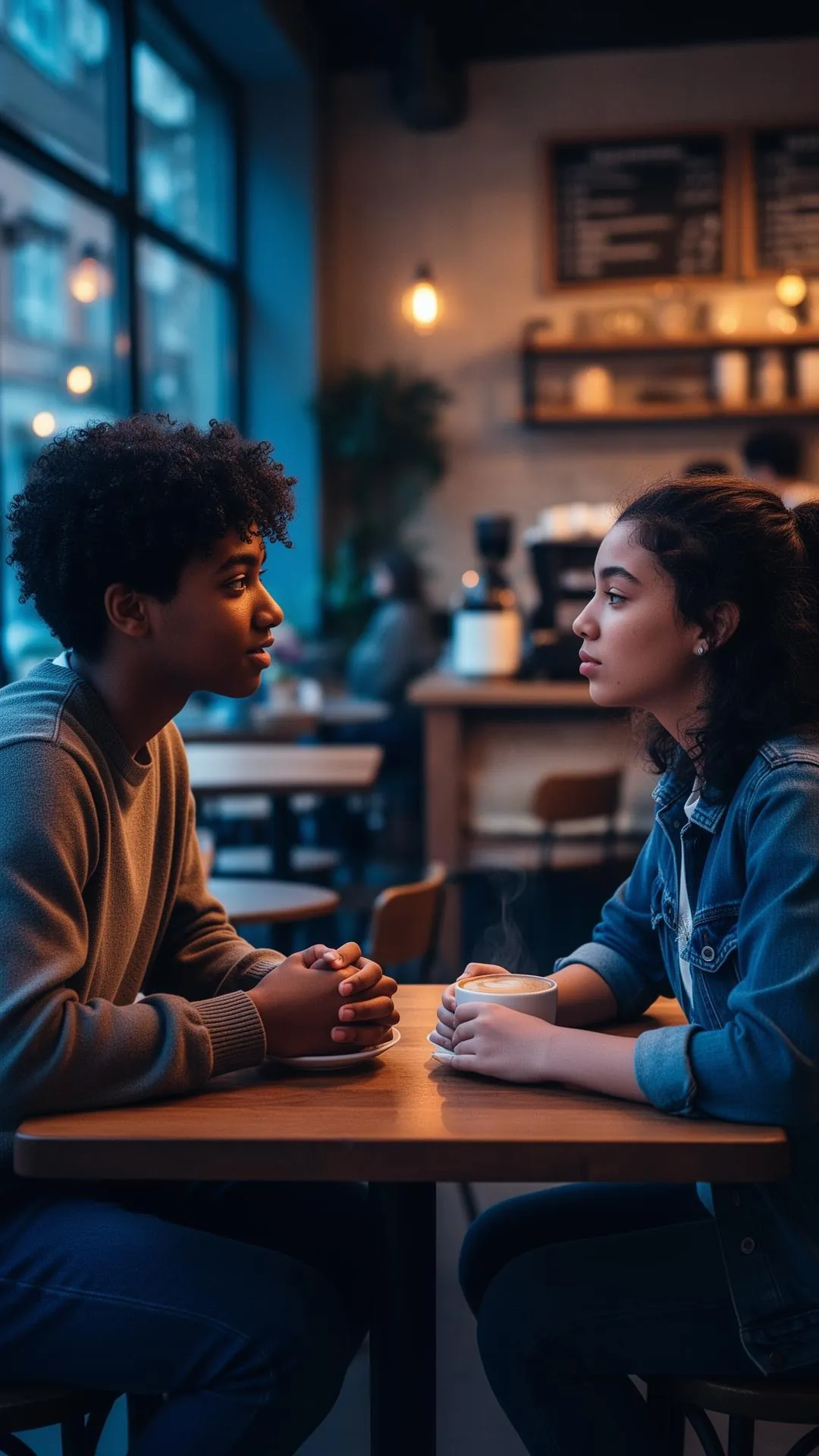 Two students sharing a quiet conversation in a warm cafe