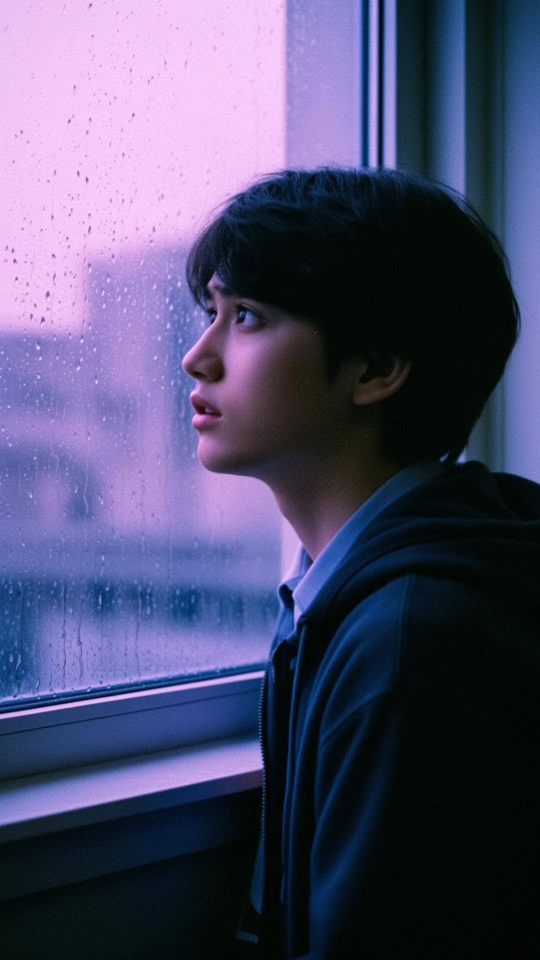 A student looking out a rainy window in soft violet light